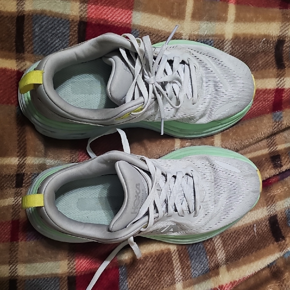 Hoka Bondi 8 Gray and Mint Athletic Shoes